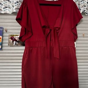 SHEIN VCAY Plus Butterfly Sleeve Knot Front Romper Maroon